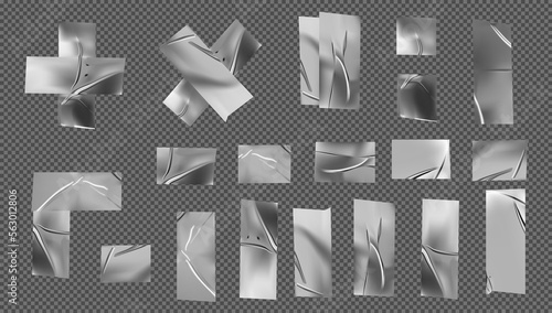 Set of white scotch tapes on white background. Set of gray tape. Torn horizontal and different size white sticky tape, adhesive pieces.