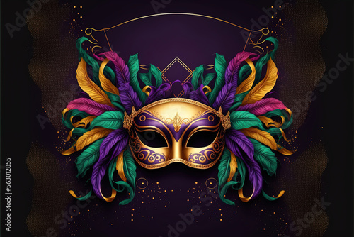 Mardi Gras festive vintage mask and feather frame with space for text. Venice festival and masquerade background on purple © Aleksey