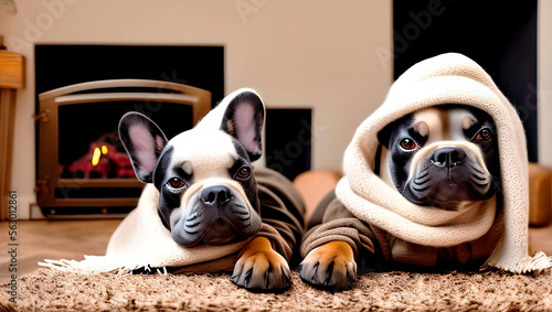 Two french bulldog puppies under a blanket created with Generative AI technology © Edi