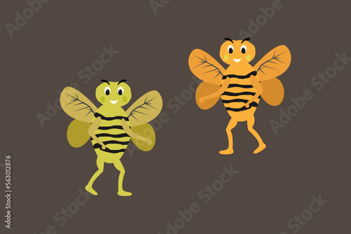 Fototapeta Naklejka Na Ścianę i Meble -  Two funny bees on a dark background, a children's illustration with bees, vector images, an image of a bee in an ordinary flat style, a smiling bee