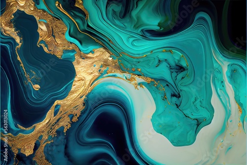 Blue and gold paint, abstract marble background. Generative AI