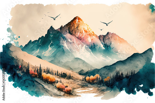 Watercolor illustration of mountaints, watercolor masterpiece photo