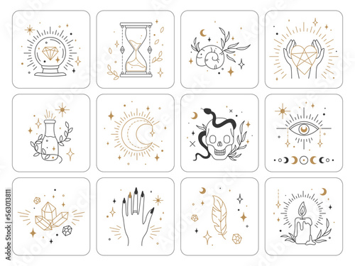 Alchemy, occult tarot card magical esoteric symbols. Ethnic esoteric collection with moon, stars, hands, crystals, plants, eye, shell, potion, skull with snake. Vector illustration