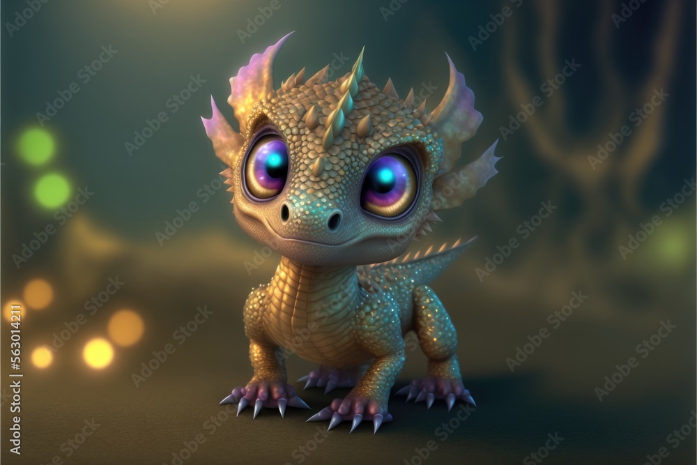 Cute baby dragon. Gold and green colors. Generative ai. Kids friendly. 