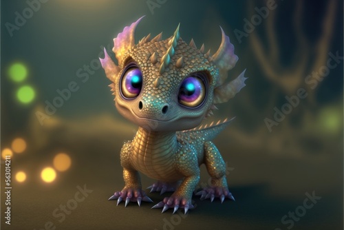 Cute baby dragon. Gold and green colors. Generative ai. Kids friendly.  © FantasyEmporium