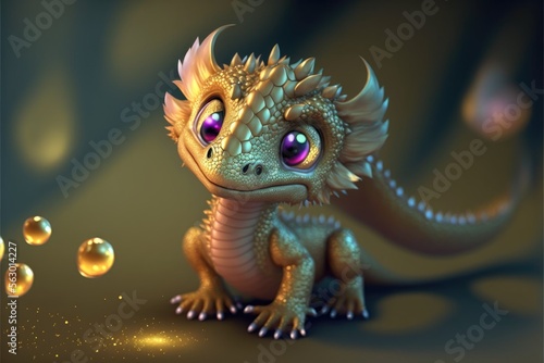 Cute baby dragon. Gold and green colors. Generative ai. Kids friendly. 