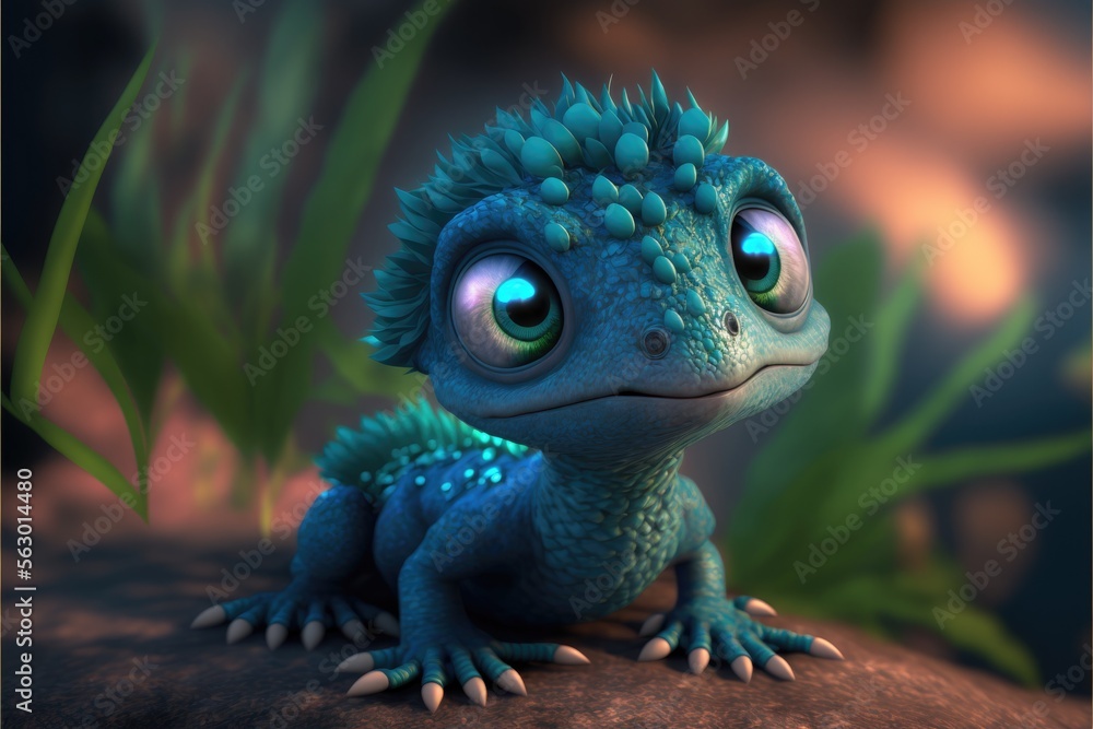 Obraz premium Turquoise baby dragon with opalescent scales isolated on the background. Children friendly. Generative ai.