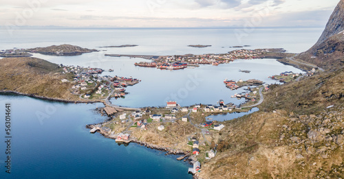 Fototapeta Naklejka Na Ścianę i Meble -  Aerial landscapes of the city of Reine in Lofoten, Norway, during spring on a clear day with clouds