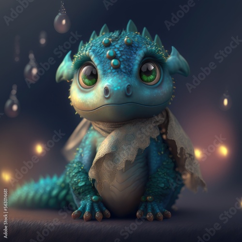 Turquoise small dragon with opalescent scales isolated on the background. Children friendly. Generative ai. © FantasyEmporium