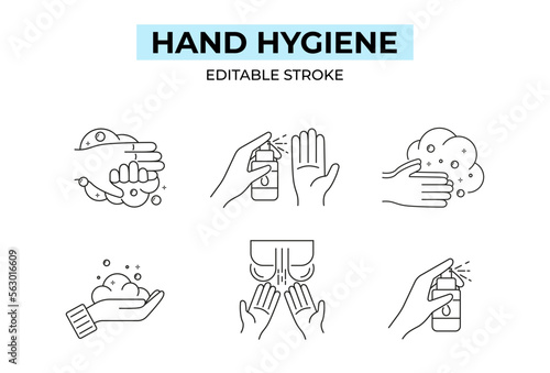 Hand hygiene icons set. Washing hands icon. Нand drying symbol. Editable stroke. Vector illustration