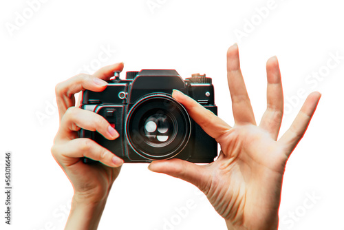 Vintage camera in female hand on white background. Minimalistic still life. Concept art Aberrations