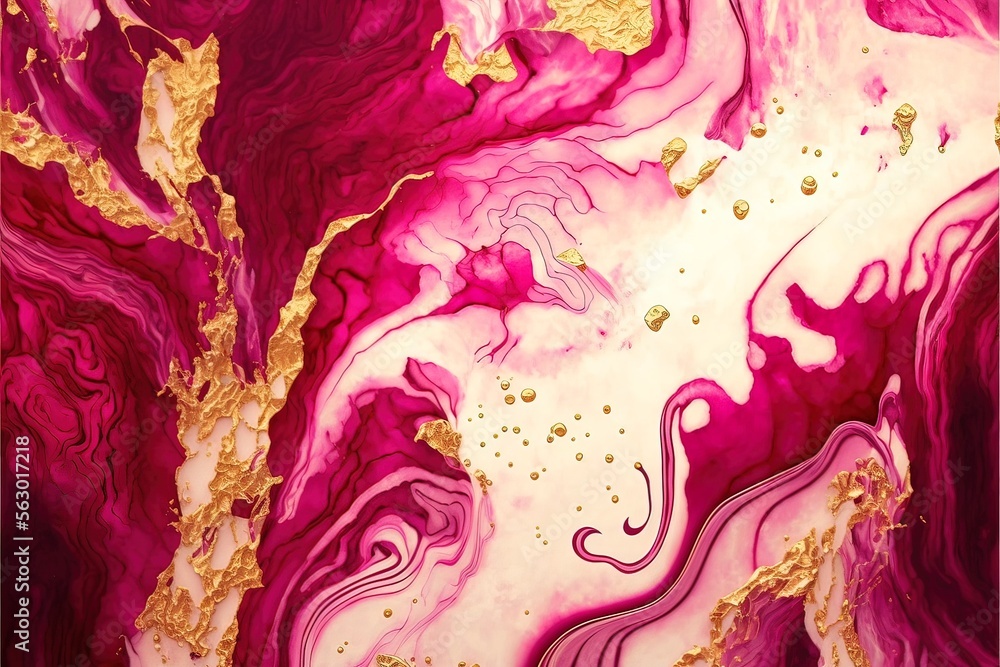 Fototapeta premium Magenta and gold fluid fluid abstract luxury background. Mixing purple paint with gold and precious stones, stone cut, marble stains and smooth lines.