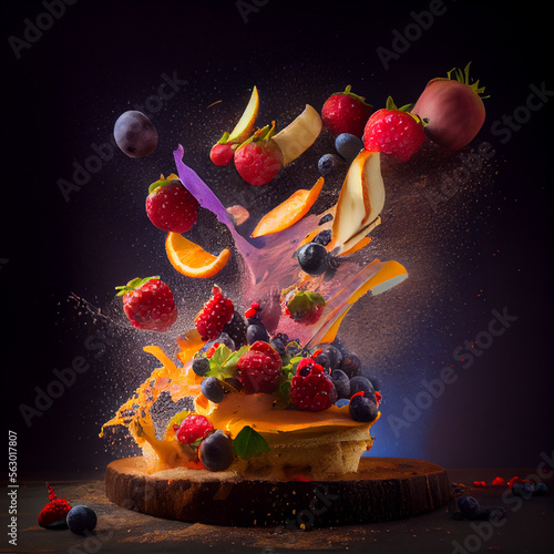 Fruits and berries falling on cake,  created with Generative AI technology.