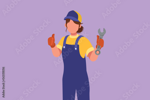 Cartoon flat style drawing attractive female mechanic holding wrench with thumbs up gesture and ready to perform maintenance on the vehicle engine or transportation. Graphic design vector illustration