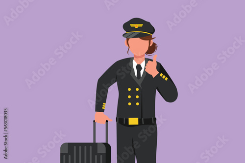 Graphic flat design drawing female pilot with thumb up gesture and in uniform ready to fly with cabin crew with aircraft at airport. Airline travel or plane industry. Cartoon style vector illustration