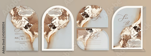 Luxury arch wedding invitation card set background with watercolor waves, marble or fluid art in alcohol ink style with golden glitter.