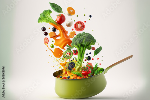 Cooking concept Vegetables are flying, white background, Generative AI
