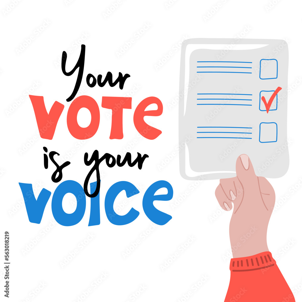 Your vote is your voice. Hand holding voting paper. Presidential Election of USA Campaign 2024. Political election campaign. Vector illustration Your vote is your voice. Hand holding voting paper. Presidential Election of USA Campaign 2024. Political election campaign. Vector illustration