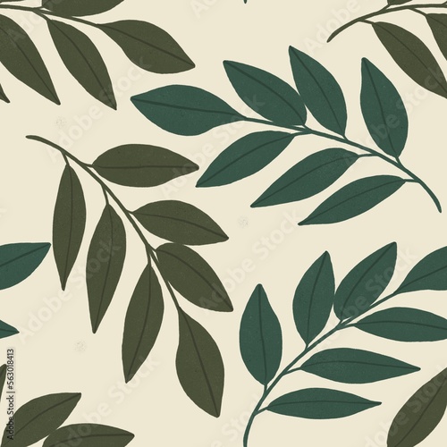 Botanical Branch with Leaves Seamless Pattern. Hand drawn Elegant Leaves Illustration for print, banner, cover, backdrop, fabric, textile, invitation, card. Floral Rustic Greenery Wallpaper