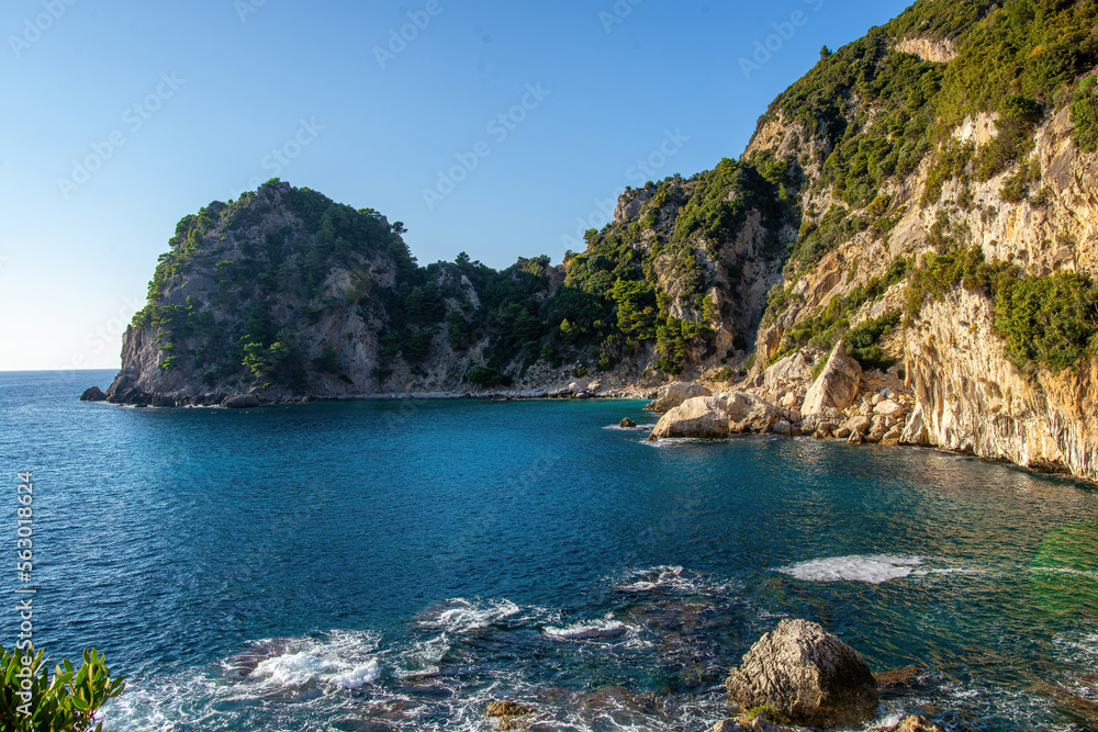 Corfu, Greece - November 1, 2021:Landscape photo of Ermones beach on Corfu island
