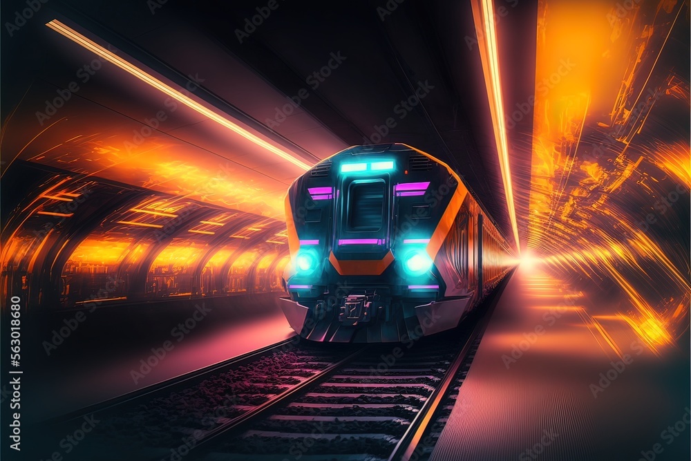 A modern futuristic train rides at speed in a neon light tunnel. Night ...