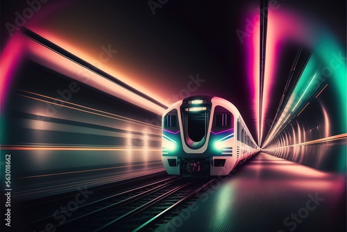 A modern futuristic train rides at speed in a neon light tunnel. Night neon background, transport on the railway underground tunnel. AI