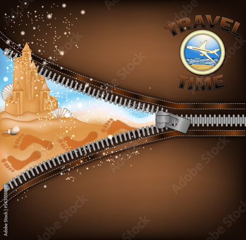 Travel Time congratulation card with zipper and sand castle, vector illustration