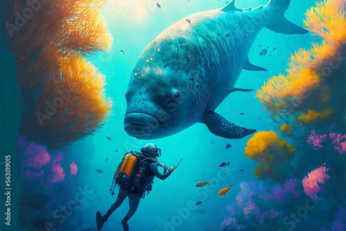 Fantasy of scuba diver with cute huge fish underwater, illustration, painting, cute animal Generative Ai, Digital Art
