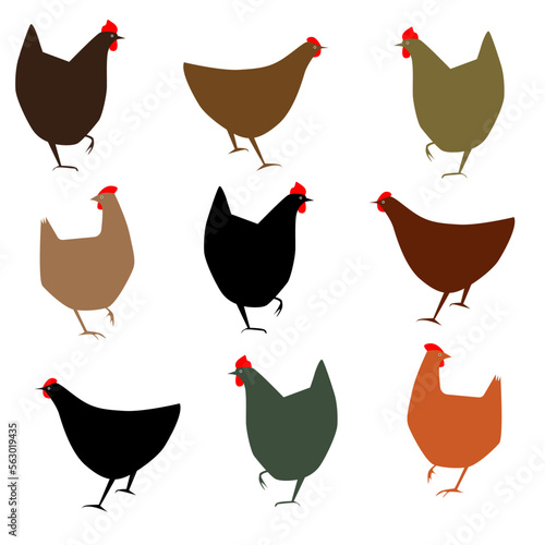 stylized vector chickens on a white isolated background.