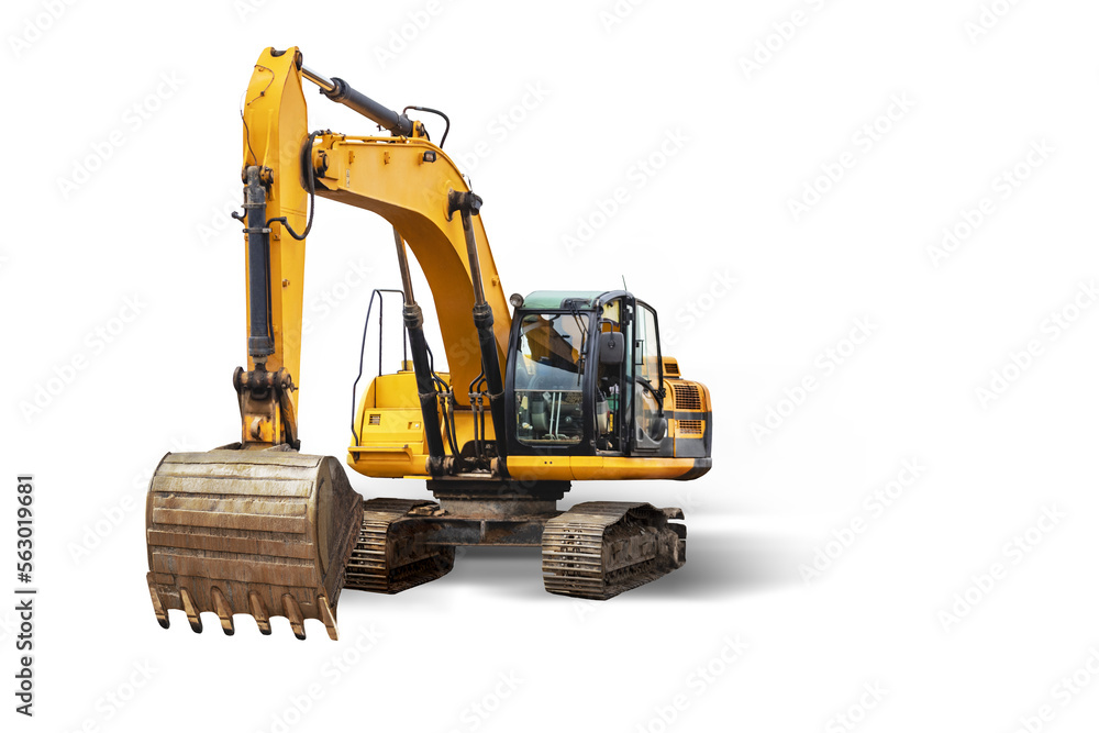 Crawler excavator isolated on white background. Powerful excavator with an extended bucket close-up. Construction equipment for earthworks. element for design. - obrazy, fototapety, plakaty 