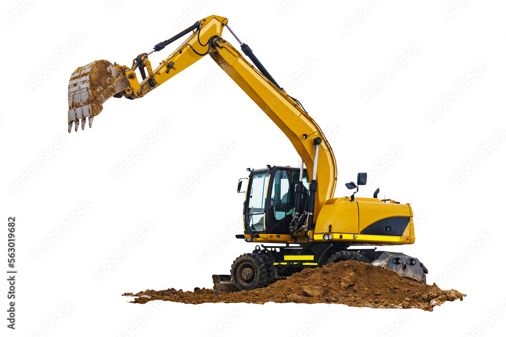 Crawler excavator isolated on white background. Powerful excavator with an extended bucket close-up. Construction equipment for earthworks. element for design. - obrazy, fototapety, plakaty 