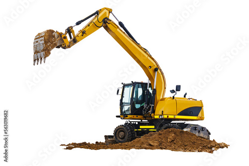 Crawler excavator isolated on white background. Powerful excavator with an extended bucket close-up. Construction equipment for earthworks. element for design. photo