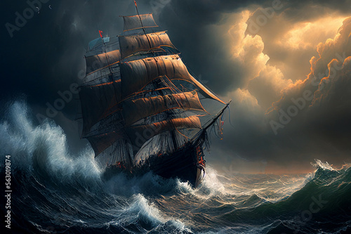 Antique Ship in Storm, Vintage Pirate Boat, Generative AI Illustration