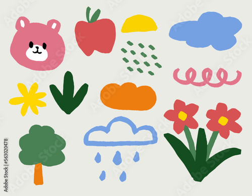 Tropical design elements for kids. Abstract creative universal artistic templates. Colorful organic shapes doodle collection.