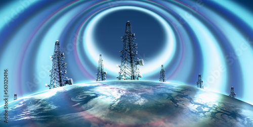 Fototapeta Naklejka Na Ścianę i Meble -  Antenna tower of telecommunication and Phone base station with TV and wireless internet antennas with planet earth 