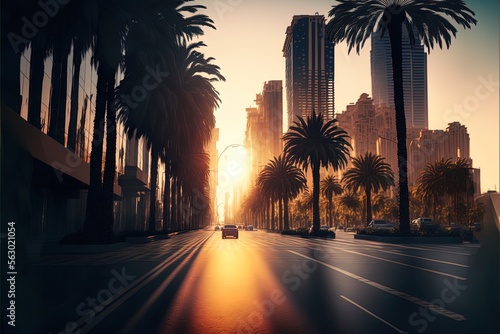 Empty highway road with high buildings on sunset. Urban landscape background with skyscrapers with orange sun.