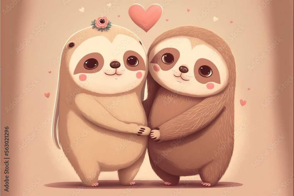 Obraz premium Cute Sloths couple valentines day card generative ai