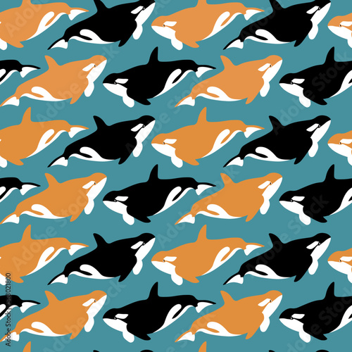 Vector seamless pattern with orca.Underwater cartoon creatures.Marine background.Cute ocean pattern for fabric  childrens clothing textiles wrapping paper