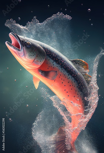 Salmon fish and splashes of water. Generative art