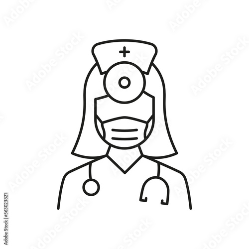 Otolaryngologist Doctor Line Icon. Otolaryngology Medic Staff with Stethoscope, Mirror Linear Pictogram. Ear, Nose, Throat Doctor Outline Icon. Editable Stroke. Isolated Vector Illustration