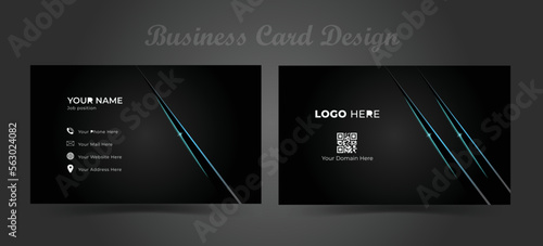 Business card design with dark background, blue light ray effect. Minimalist business card template. Vector illustration and printable visiting card template.