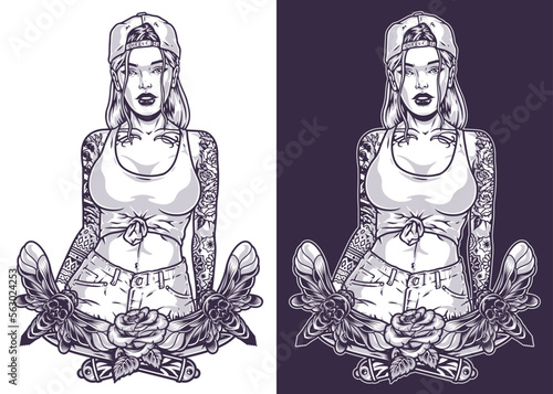 Young tattooed girl label monochrome