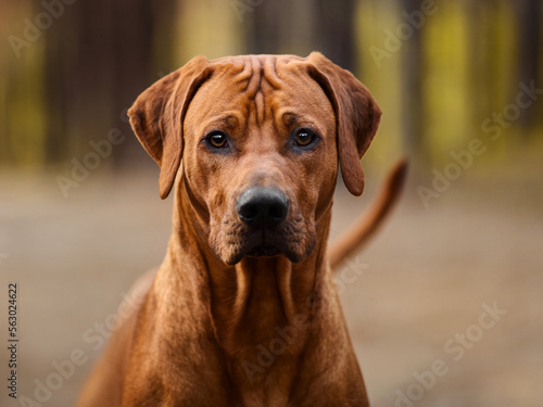 Rhodesian ridgeback dog close up portrait at nature