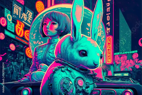 Fun Space Party - A Cartoon Illustration of a Rabbit-Loving Woman with Graffiti-Inspired Art and Colorful Patterns, Celebrating Chinese New Year of the Black Water Rabbit and Easter