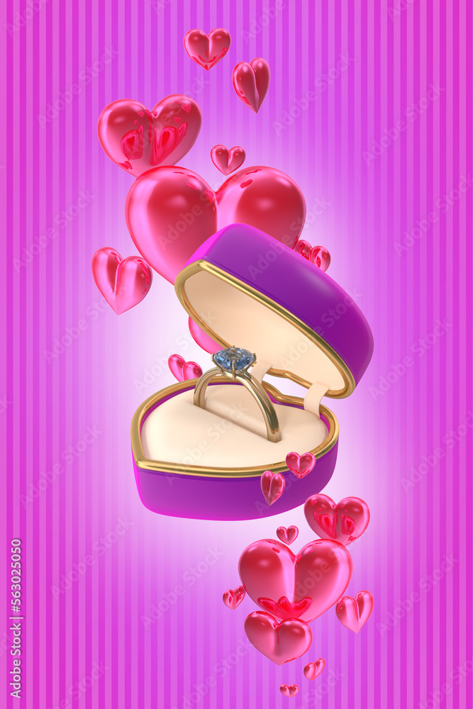 Fototapeta premium Gift box with a wedding ring on a pink background with hearts. Valentine's day symbol(3d illustration)