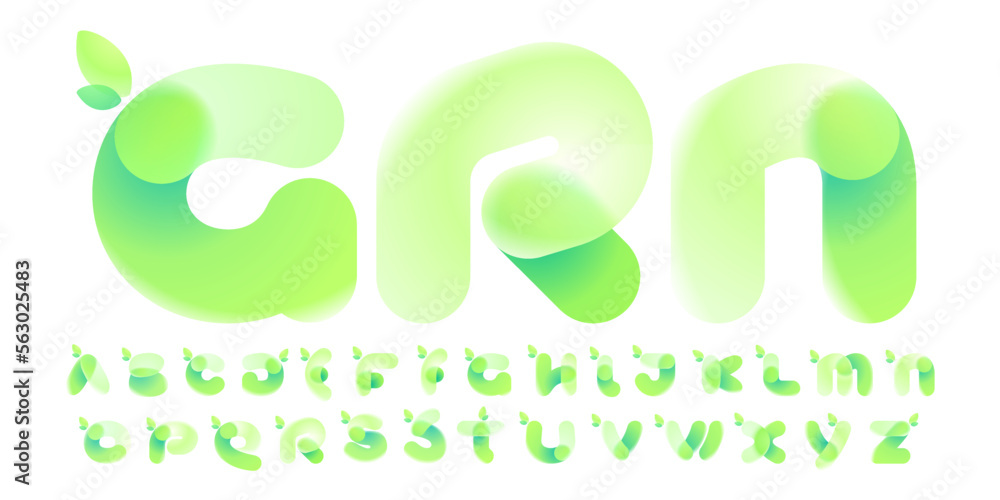 Eco alphabet with green gradient and leaves in Glassmorphism style. Eco alphabet with green gradient and leaves in Glassmorphism style.