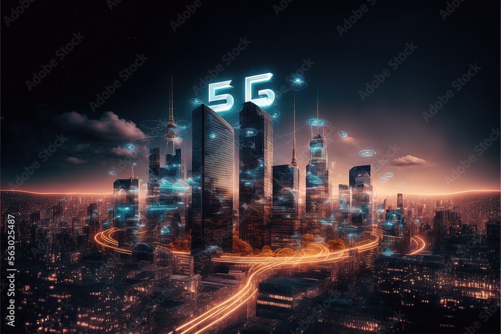 Night futuristic city, 5G internet network. AI