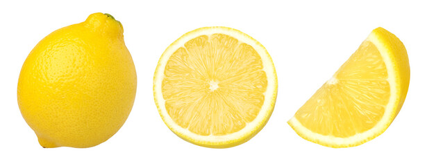 ripe lemon fruit half and slices isolated, Fresh and Juicy Lemon, transparent png, cut out.