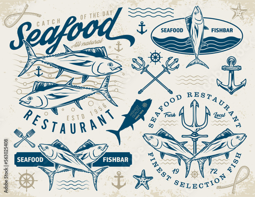 Seafood restaurant colorful set logotypes