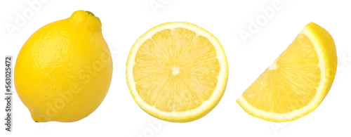 Obraz  z motywem ripe lemon fruit half and slices isolated, Fresh and Juicy Lemon, transparent png, cut out.